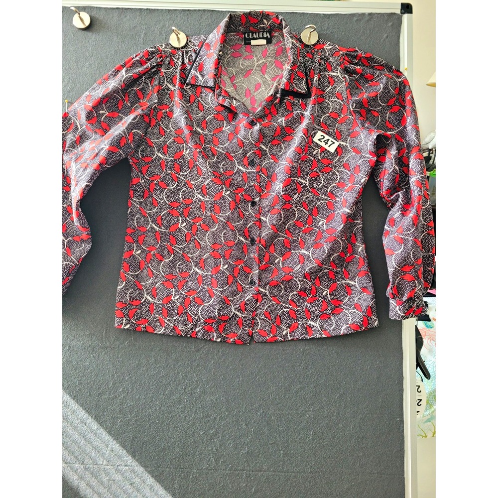 Claudia Womens 14 Black/Red/White/Gray Abstract Collared Woven Button-Up